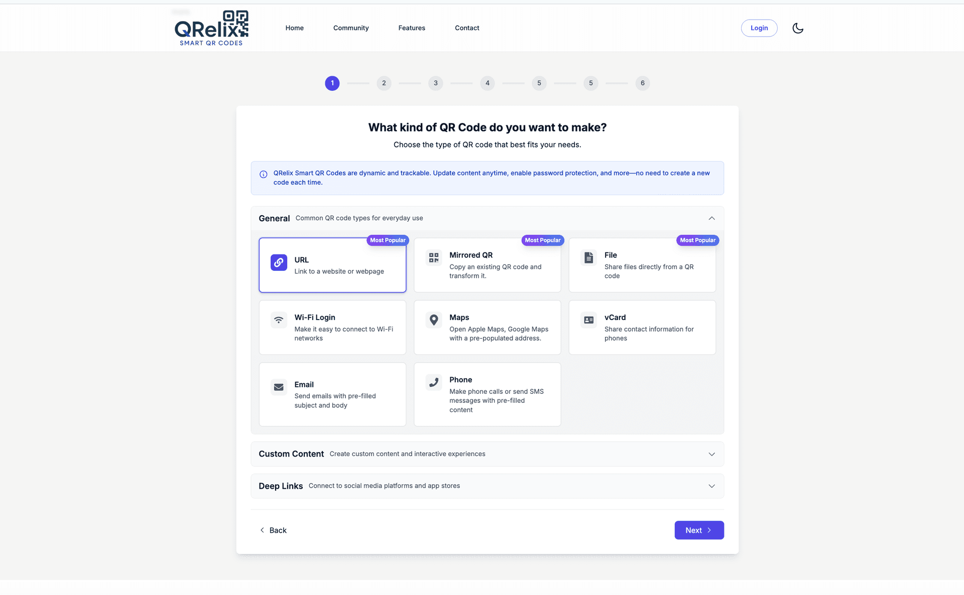 QRelix QR code creator: choose type, customize, and download