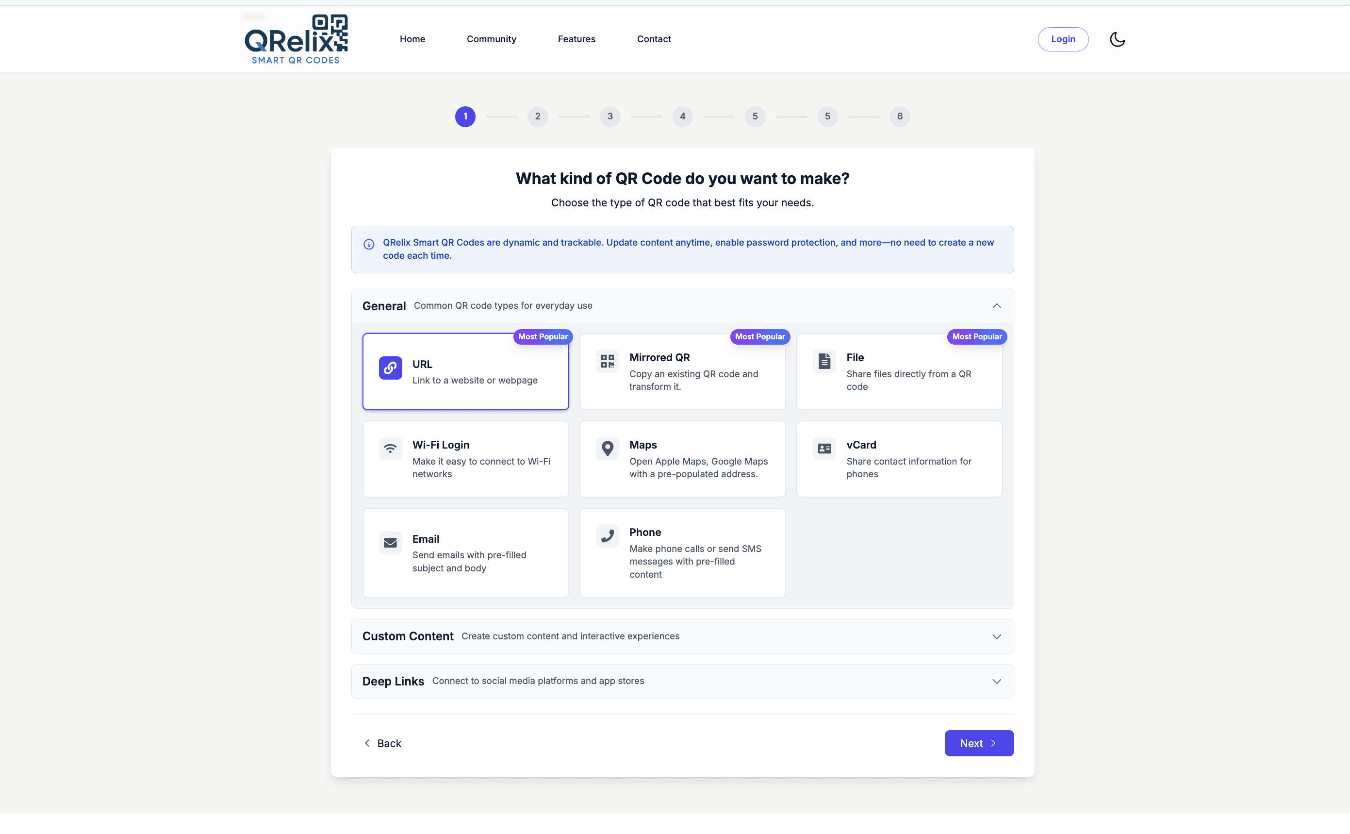QRelix creation wizard with QR type selection, color and logo options, and a live preview — the flow a teacher uses to build a worksheet code