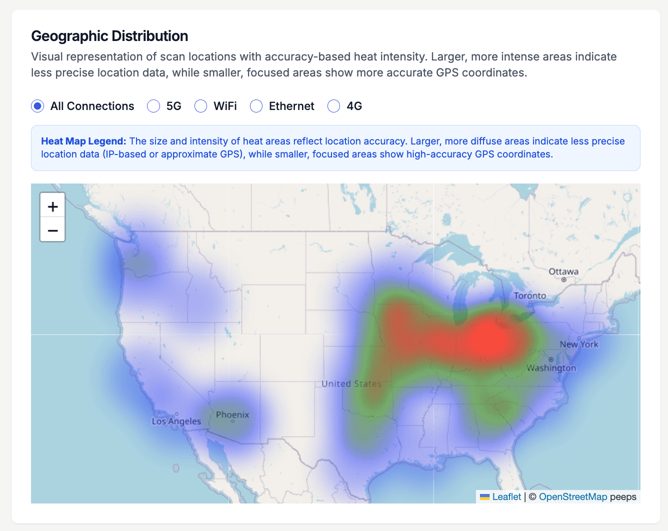Geographic heat map of QR code scan density across the United States, showing where pallet and bin codes are scanned in a shipping network