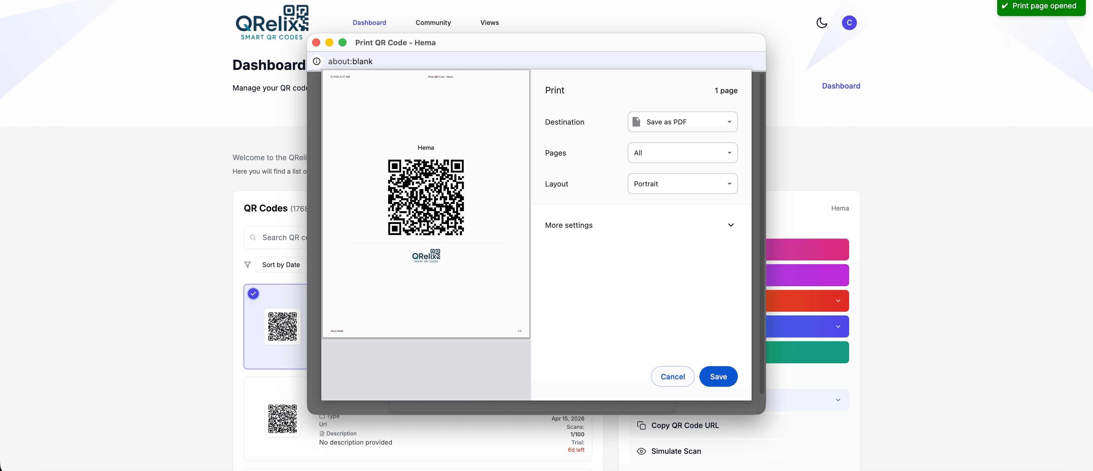 Print QR code dialog showing print preview with QRelix branding