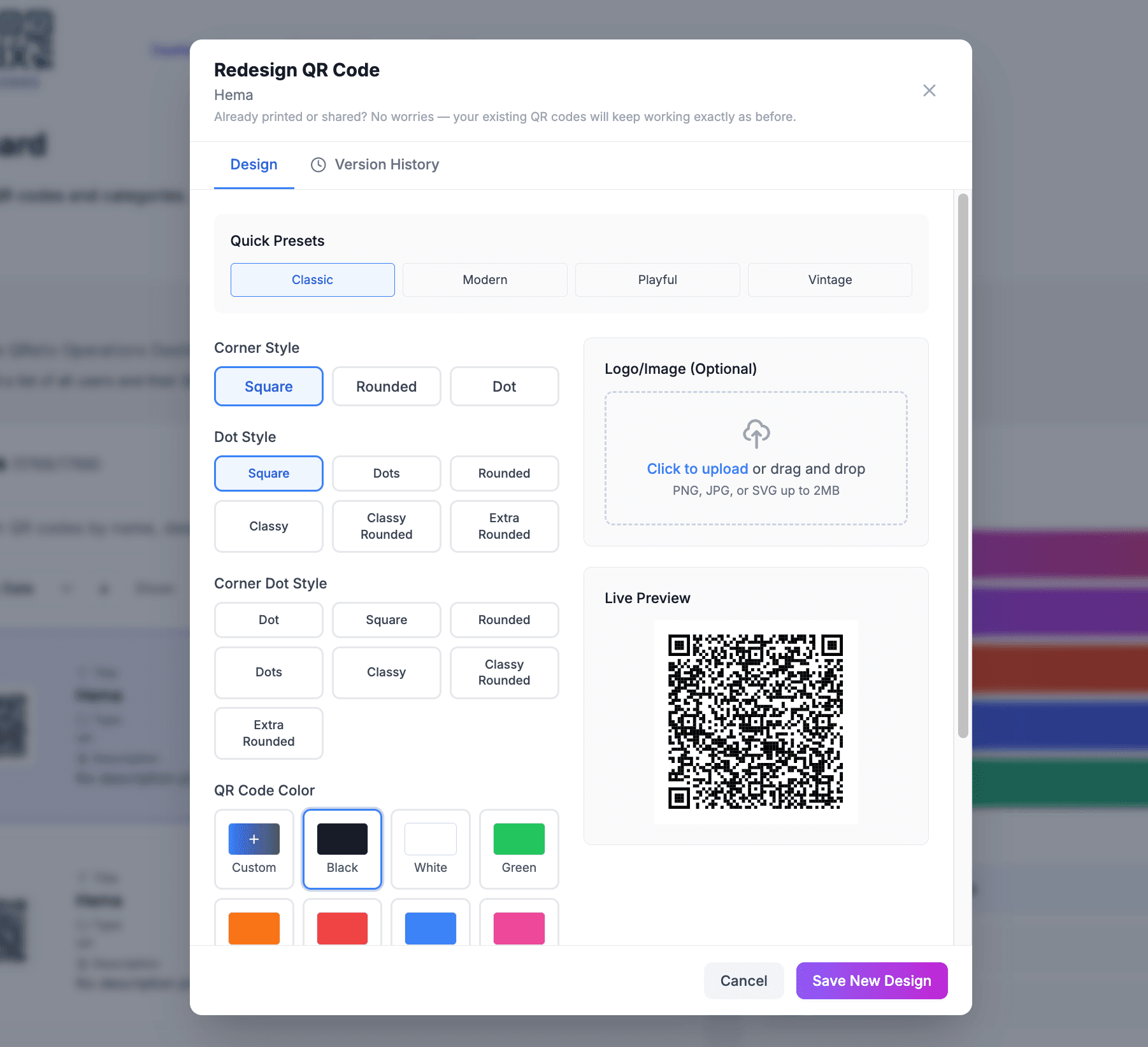 QR code redesign modal with style presets, color options, and live preview