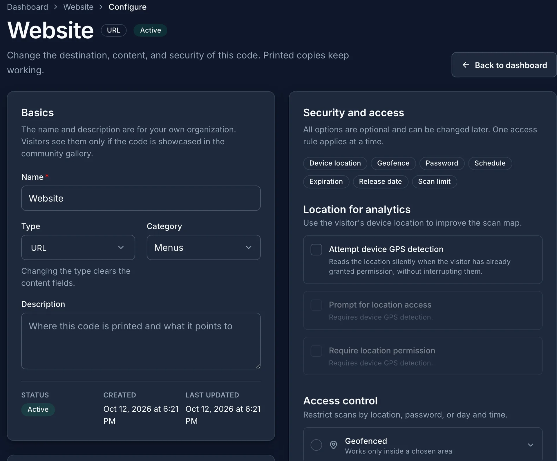 The configure page for a demo code: name, type, category, and description on the left, security and access settings on the right.
