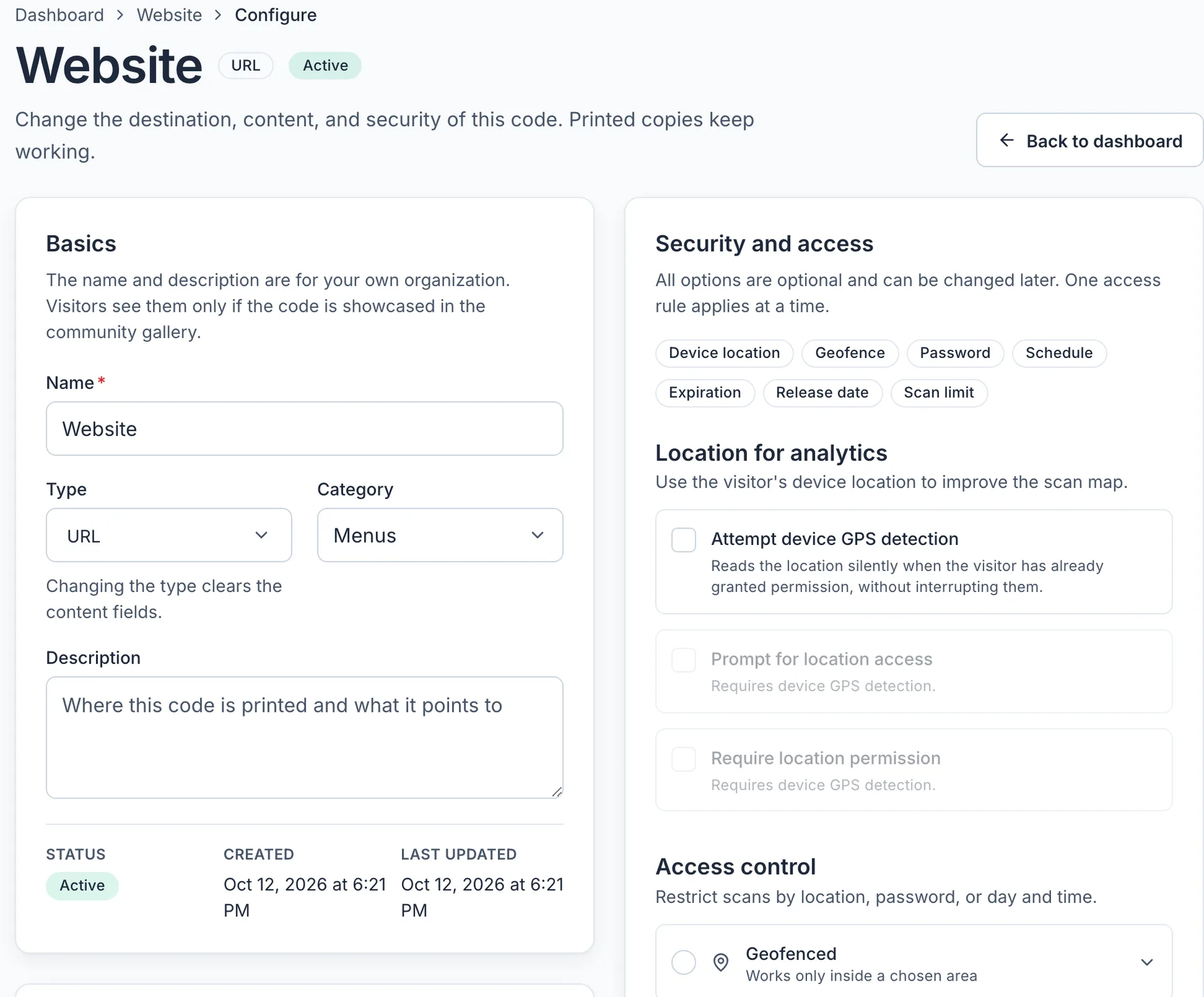 The configure page for a demo code: name, type, category, and description on the left, security and access settings on the right.