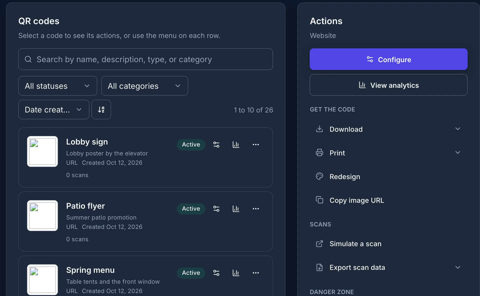 The QRelix dashboard listing demo QR codes with their type, category, scan count, and status, next to the actions panel for the selected code.