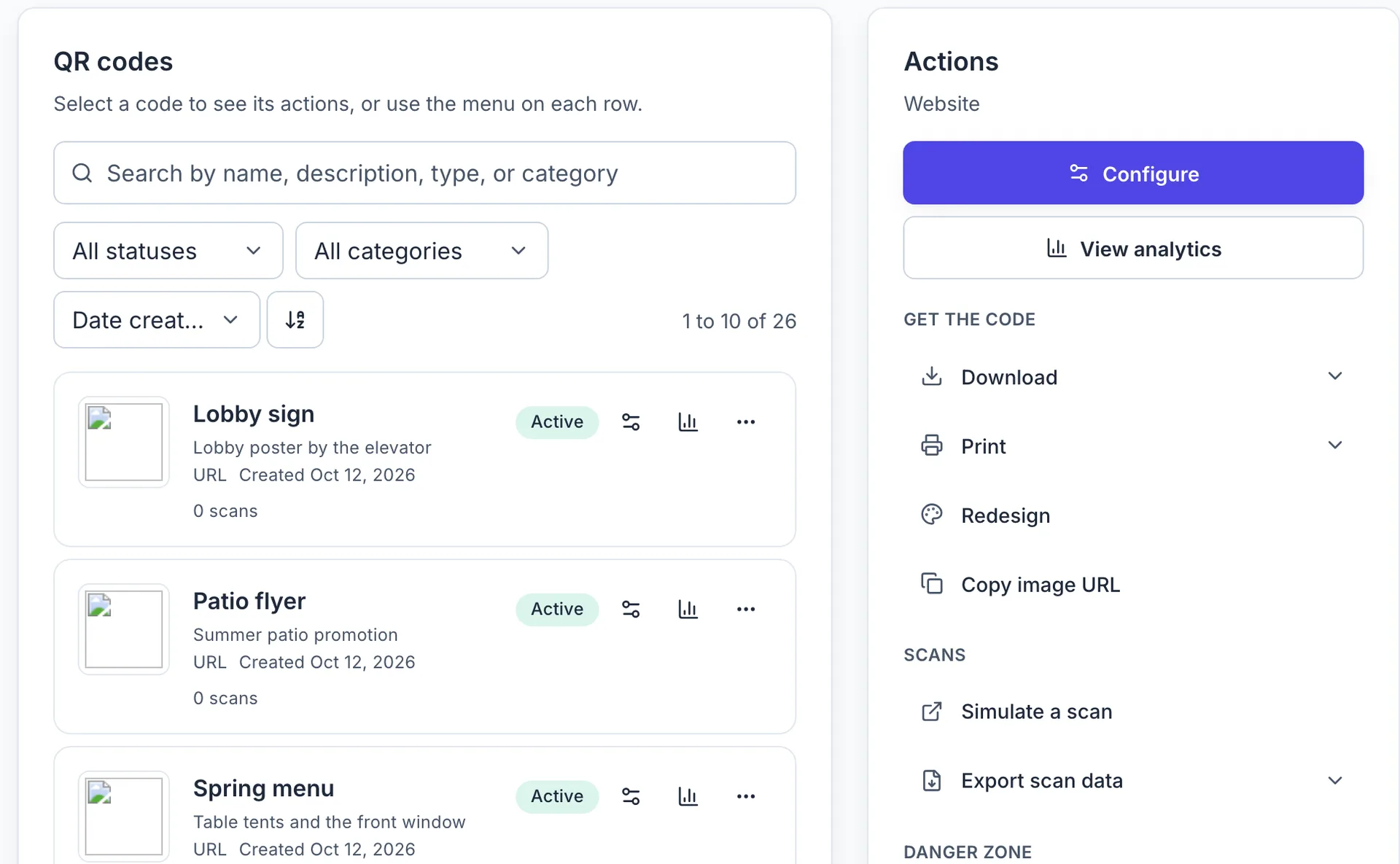 The QRelix dashboard listing demo QR codes with their type, category, scan count, and status, next to the actions panel for the selected code.