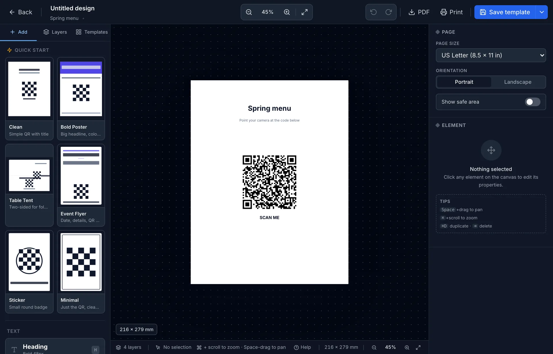The print designer with a US Letter page, a QR code placed under the heading Spring menu, quick-start templates on the left, and page settings on the right.
