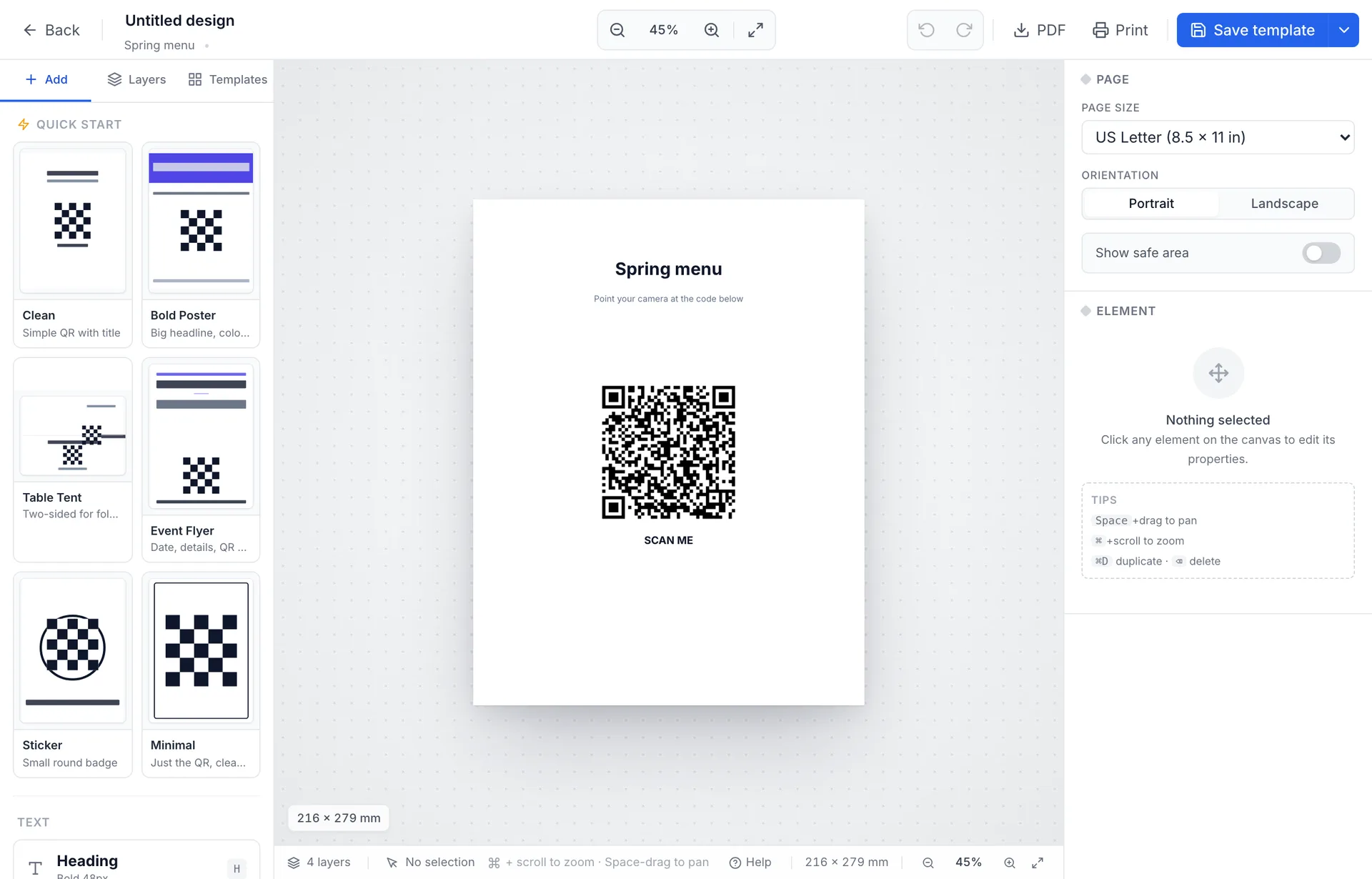 The print designer with a US Letter page, a QR code placed under the heading Spring menu, quick-start templates on the left, and page settings on the right.
