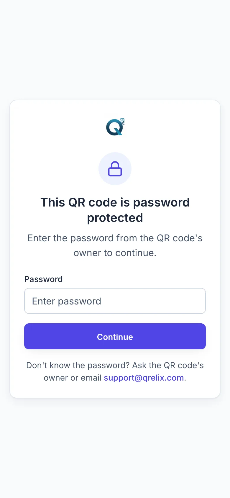 A phone showing a password-protected QR code: the owner's logo, a lock icon, a password field, and a Continue button.