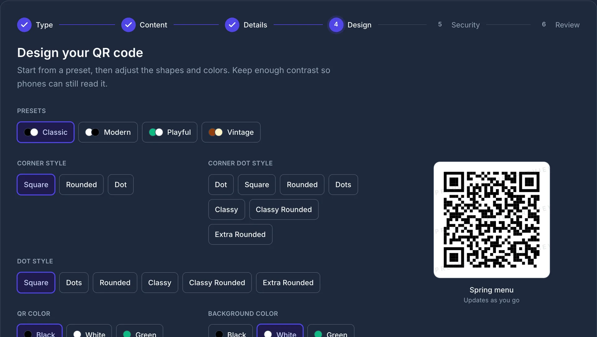 Step 4 of the creation wizard: presets, corner and dot styles, colors, and a live preview of the QR code.