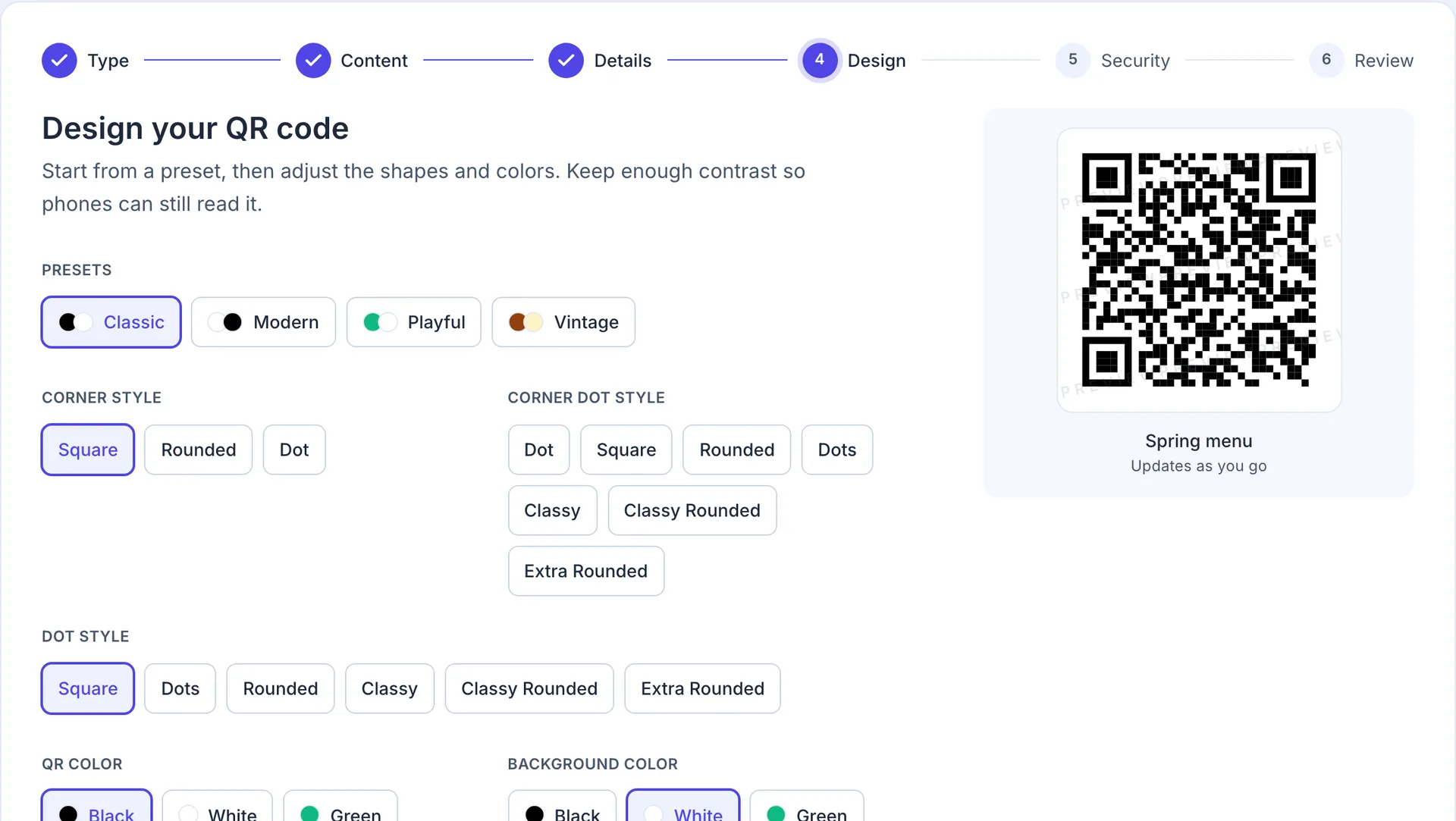 Step 4 of the creation wizard: presets, corner and dot styles, colors, and a live preview of the QR code.
