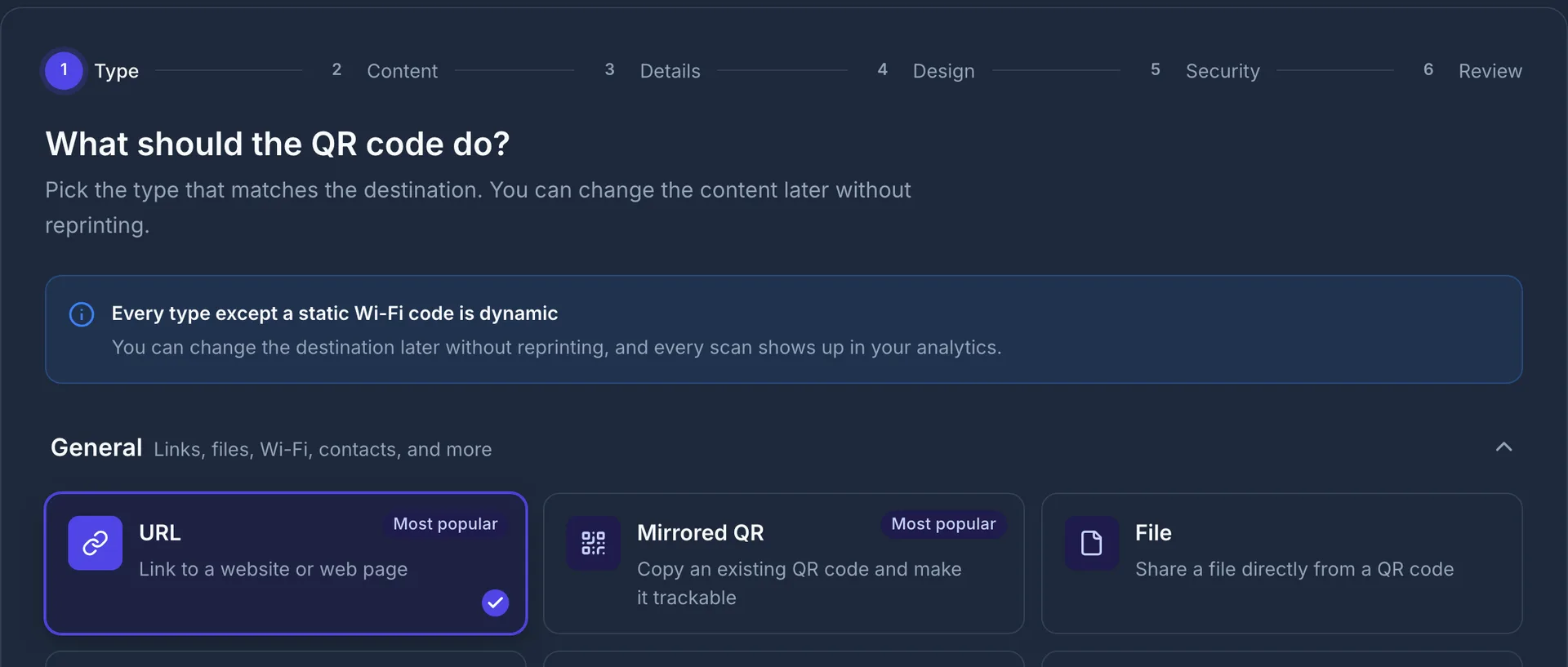 Step 1 of the creation wizard: a six-step progress bar and the type picker with URL selected.
