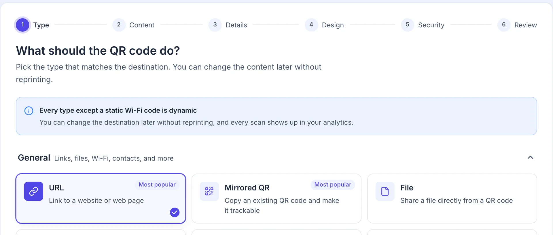 Step 1 of the creation wizard: a six-step progress bar and the type picker with URL selected.