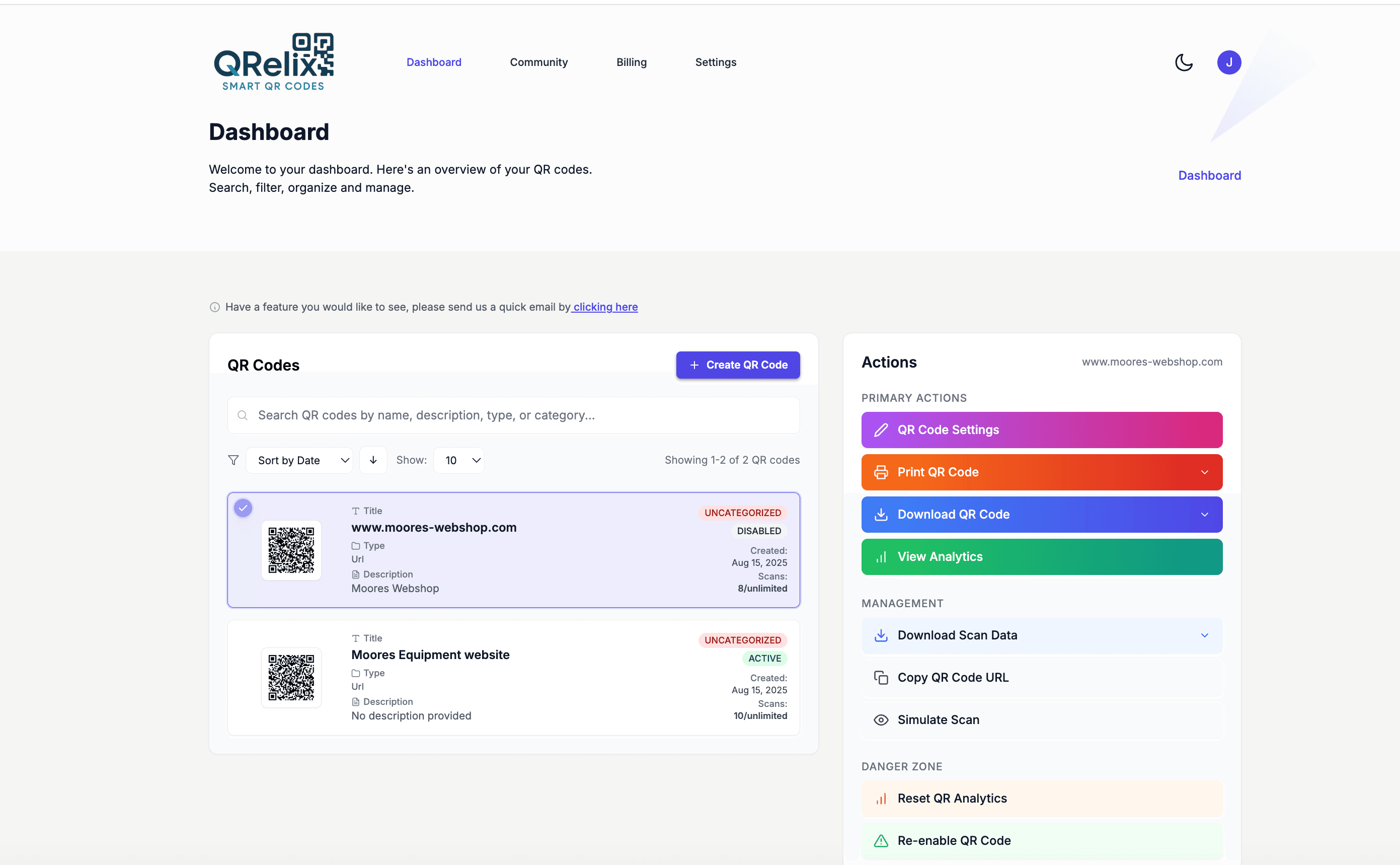 QRelix dashboard organizing dispensary QR codes into categories with labels for batch COAs, menus, and loyalty codes