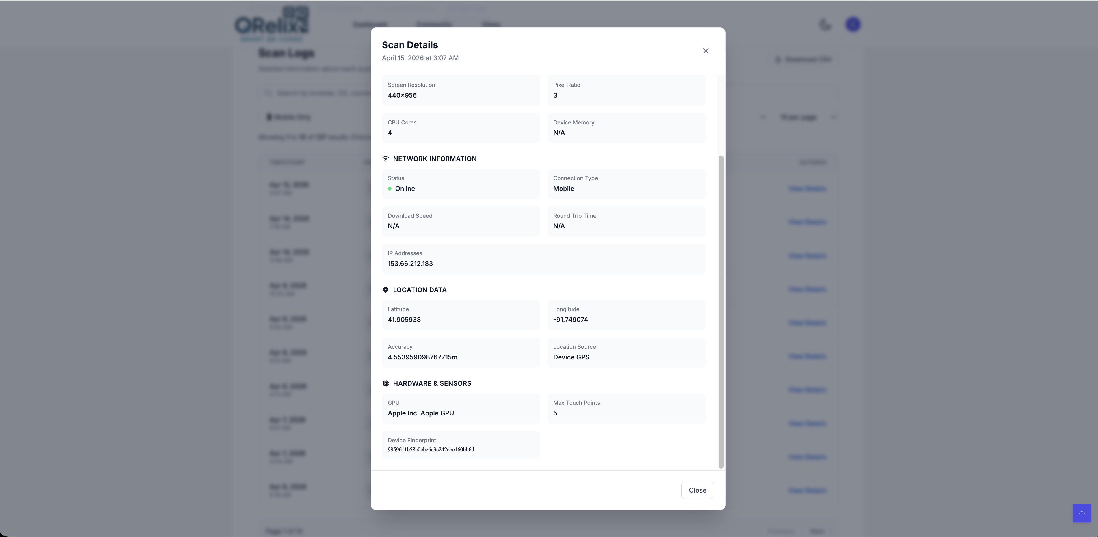 Scan detail modal showing network information, GPS location data, and hardware sensors