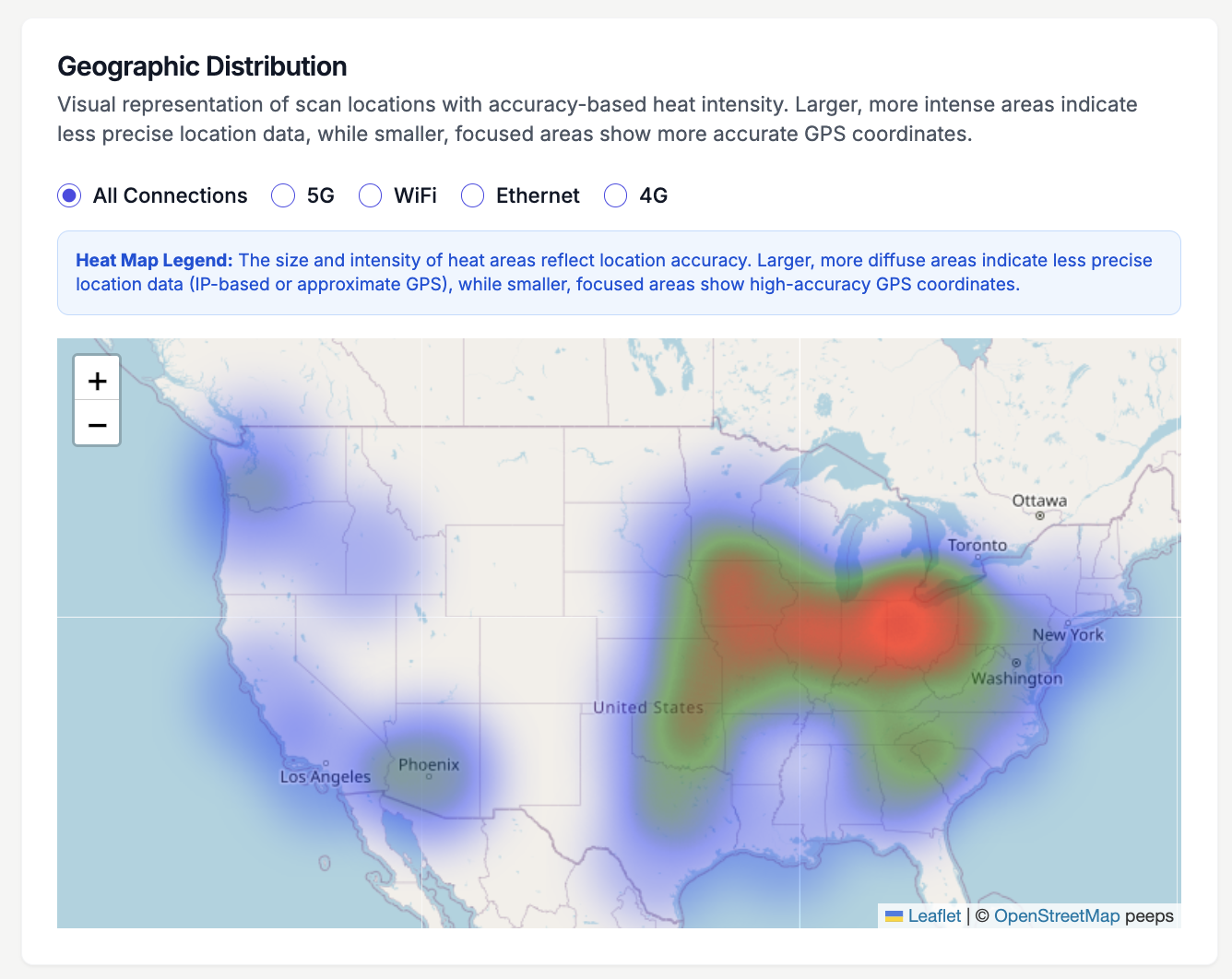 Geographic heat map showing scan location density across the United States