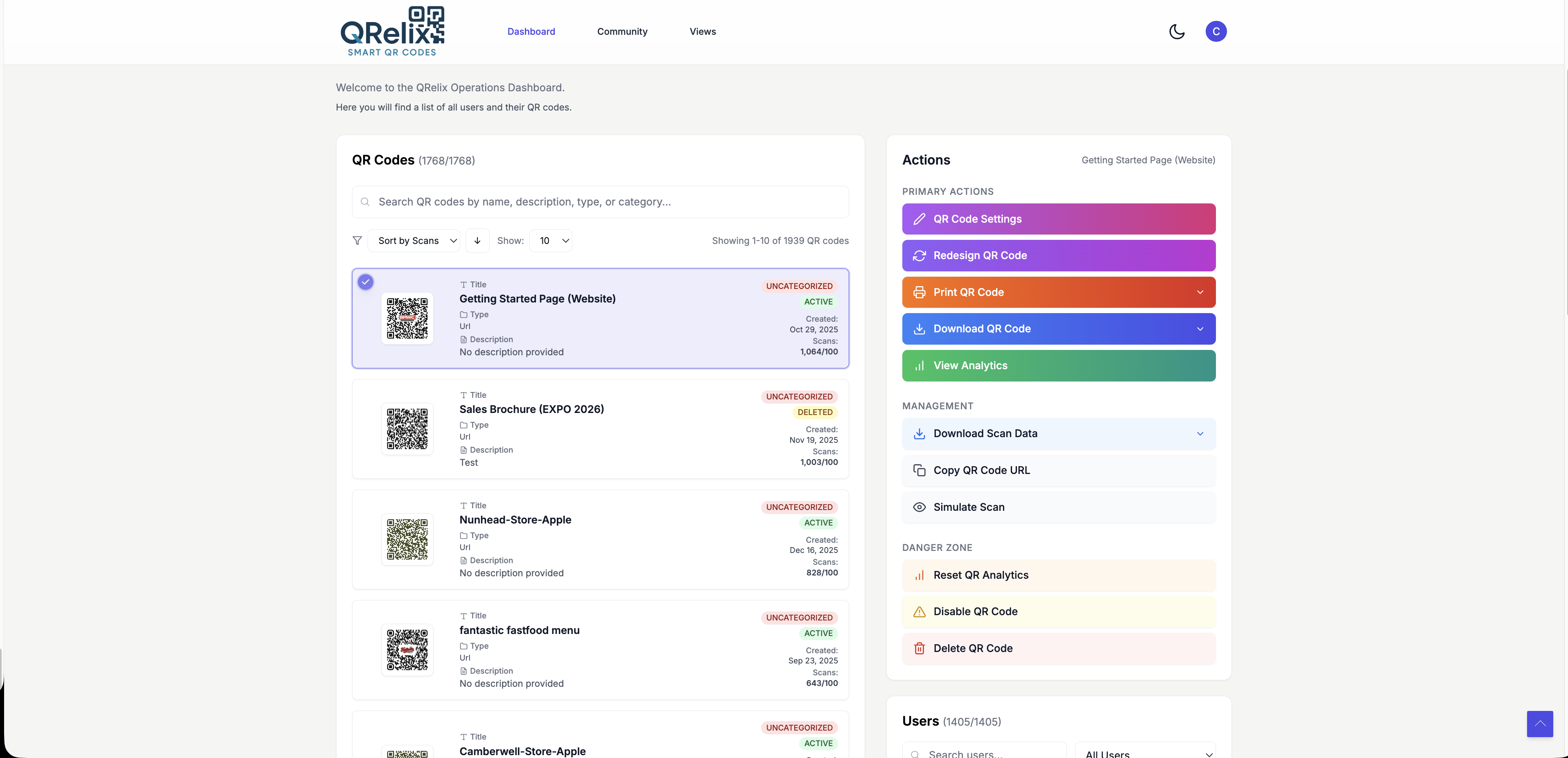 QRelix operations dashboard showing QR codes list with search, sort, actions panel, and analytics links